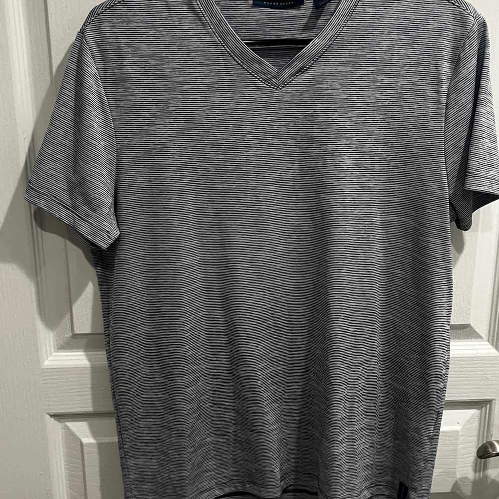 Perry Ellis Men's Black and White Striped V-Neck Tee